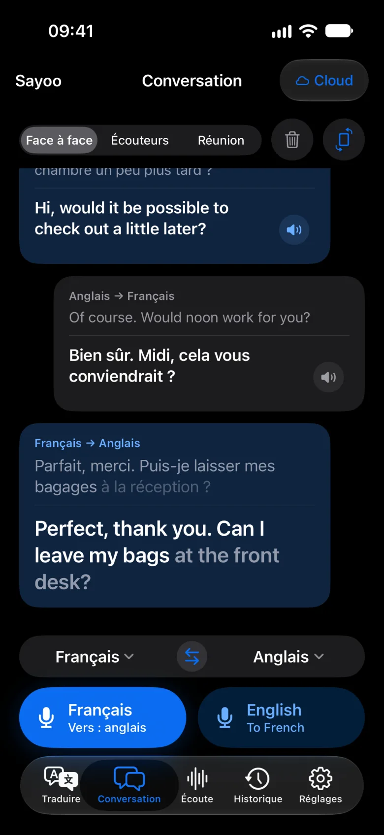Conversation en mode sombre