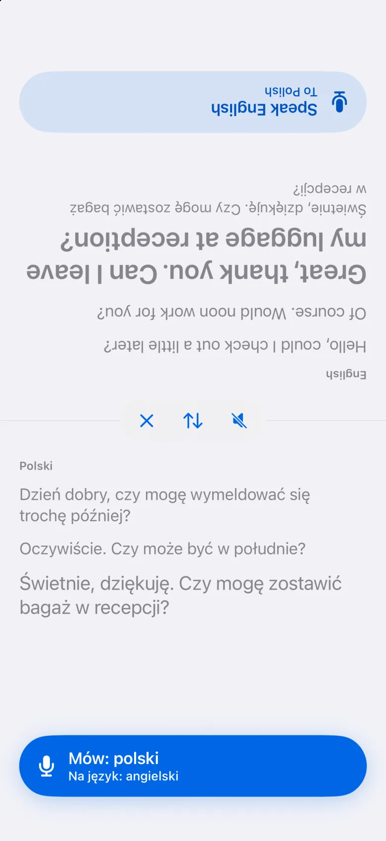 Tryb twarzą w twarz z obróconą górną połową ekranu