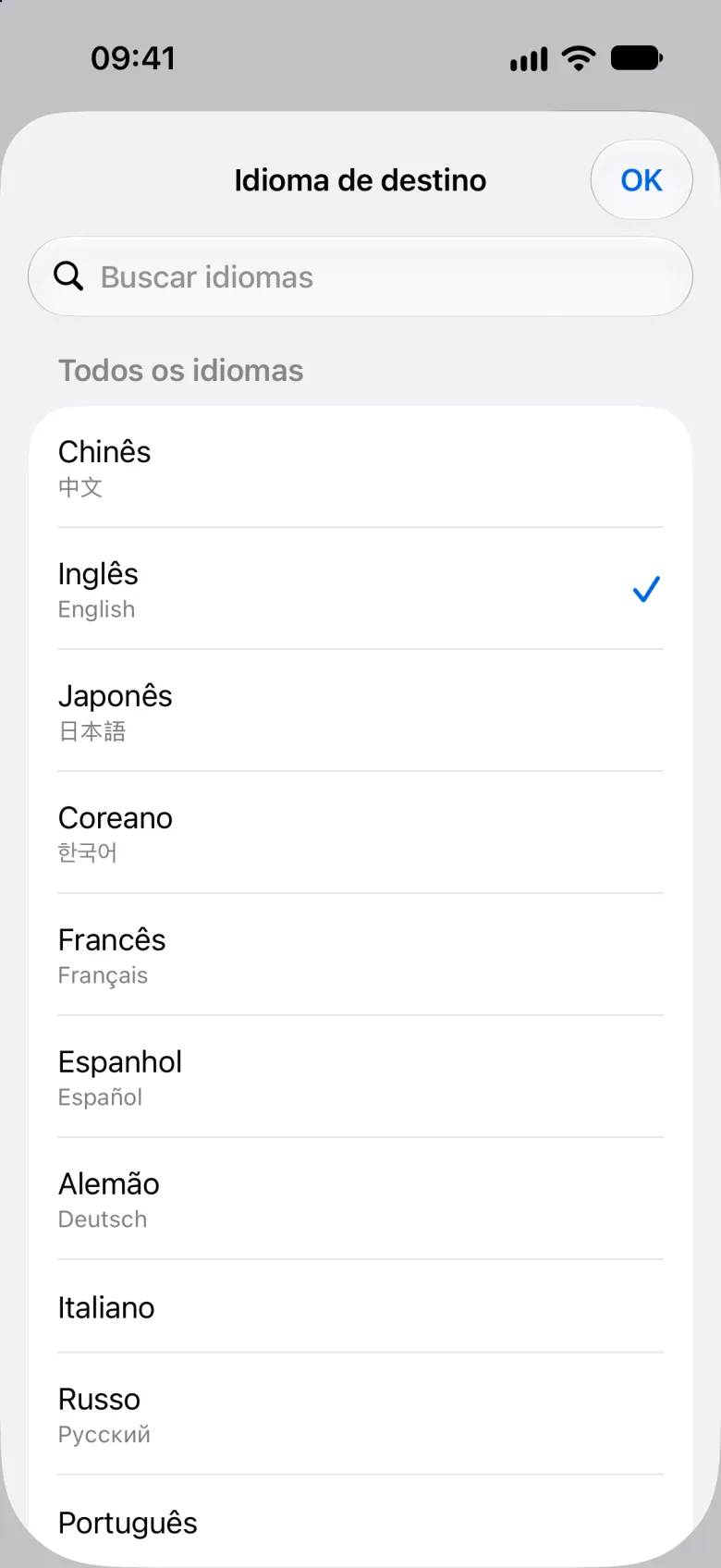 Seletor de idiomas com busca