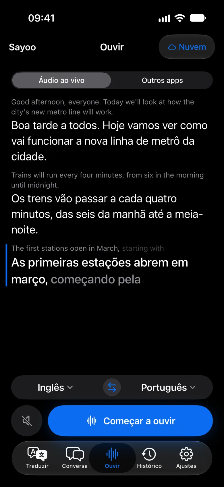 Legendas ao vivo durante a escuta
